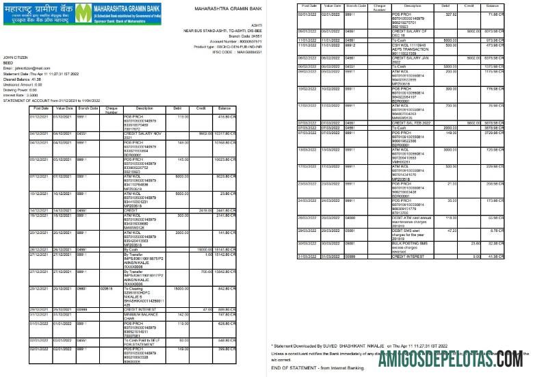 Extrato bancário indiano Maharashtra 2 páginas.pdf modelo
